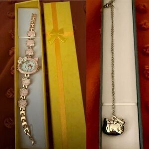 Hello Kitty Set: Pink and Gold Bracelet Watch & Silver Necklace locket pendant
